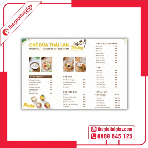 Mẫu menu quán chè Dừa Thái Lan phong cách hiện đại, tối giản 