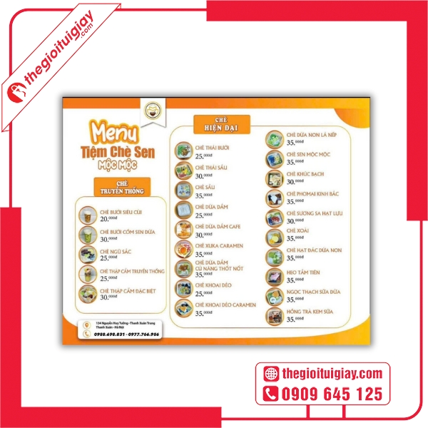 Mẫu menu quán chè phối hợp ảnh và chữ hài hòa - Chè Sen Mộc Mộc