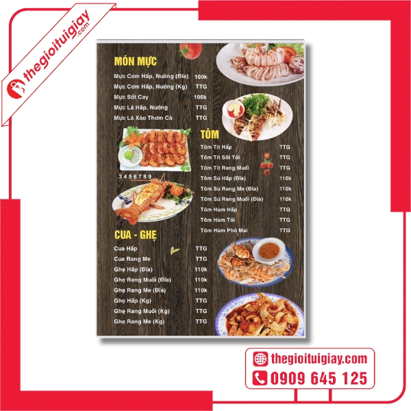 Mẫu menu quán hải sản thân thiện dễ đọc cho thực khách