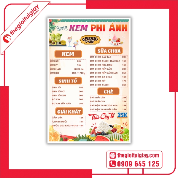 Mẫu menu quán kem đẹp, tạo cảm giác ngon miệng và tươi mới - Kem Phi Ánh