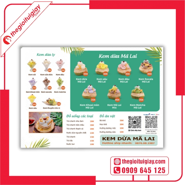 Mẫu menu quán kem tông màu trắng xanh mang lại cảm giác mát mẻ - Kem Dừa Mã Lai