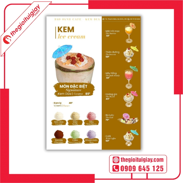  Mẫu menu quán kem bố cục rõ ràng, dễ chọn món - Kem Dừa Bảo Oanh 