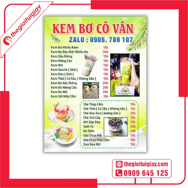Mẫu menu quán kem giúp khách hàng dễ chọn món - Kem Bơ Cô Vân