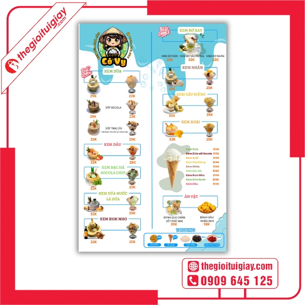  Mẫu menu quán kem in giấy mỹ thuật sang trọng và tinh tế - Kem Dừa Cô Vy 