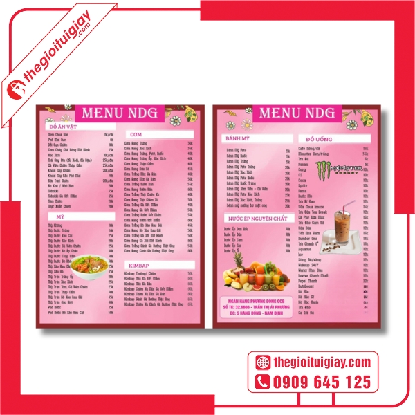 Mẫu menu qu&aacute;n net đồ ăn nhanh tiện lợi NDG