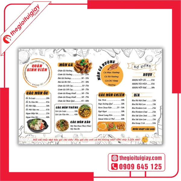  Mẫu menu quán nhậu Sinh Viên phong cách dân dã gần gũi và thân thiện 