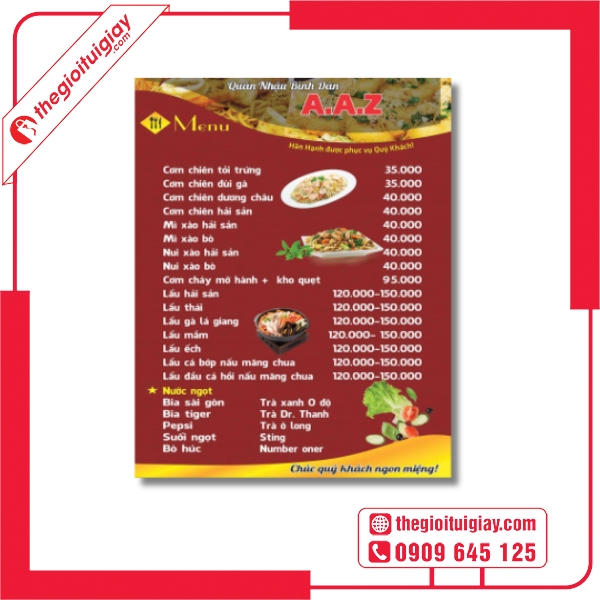  Mẫu menu quán nhậu A.A.Z phong cách truyền thống Việt Nam 