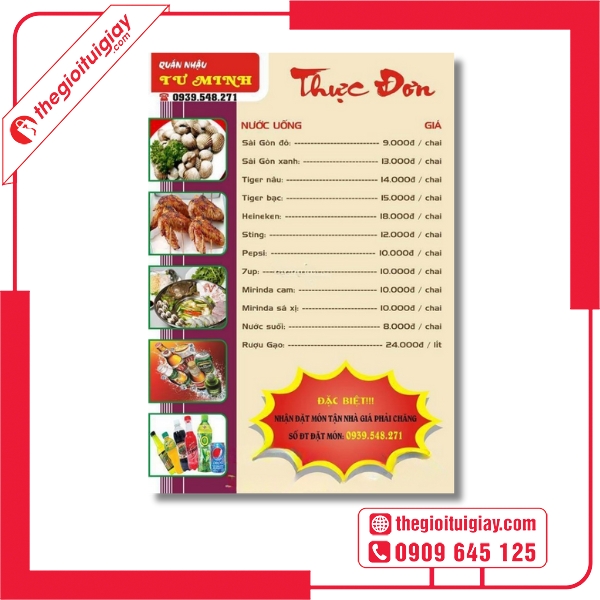 Mẫu menu quán nhậu Tư Minh thiết kế tối giản mà vẫn nổi bật