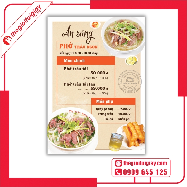 Mẫu menu quán phở với hình minh họa món ăn chân thực - Phở Trâu Ngon