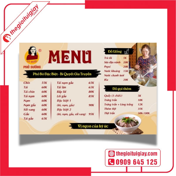 Mẫu menu quán phở in màu sắc tươi sáng, rõ nét - Phở Sướng Cô Mười