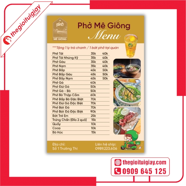 Mẫu menu quán phở dùng font chữ rõ ràng, dễ nhìn - Phở Mê Giông