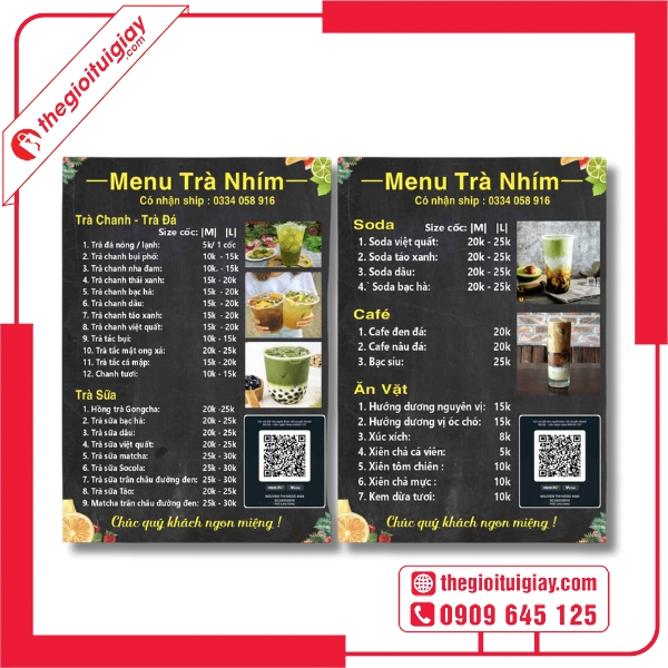 Mẫu menu quán trà đá in trên nền giấy kraft mộc mạc Trà Nhím