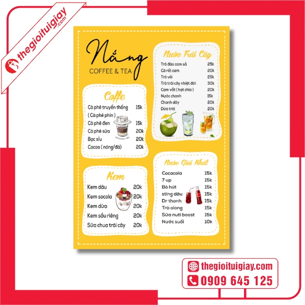 Mẫu menu quán trà đá đẹp phù hợp quán cà phê nhỏ Nắng