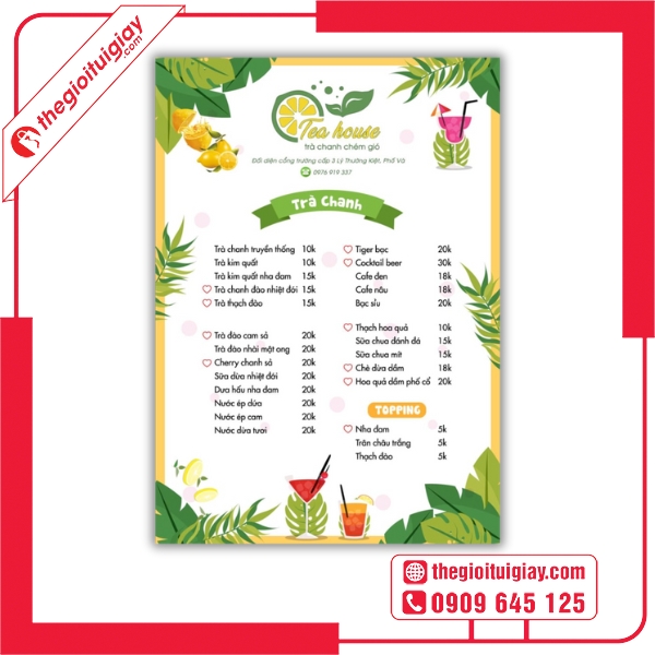 Mẫu menu quán trà đá thiết kế tối giản tinh tế Tea House