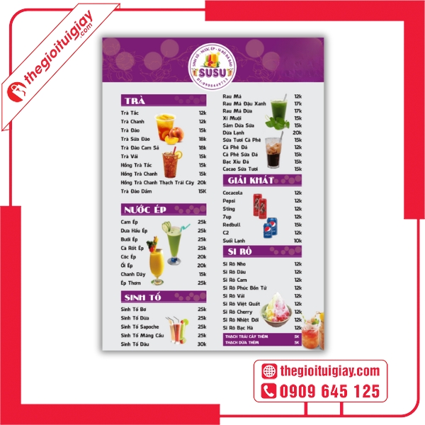  Mẫu menu quán trà đá bình dân với danh sách đồ uống quen thuộc Susu 