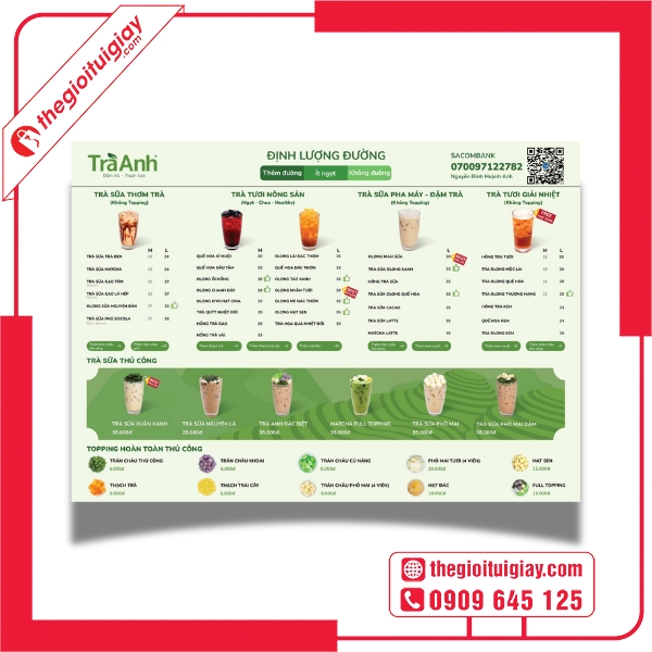 Mẫu menu quán trà sữa Trà Anh hiện đại dành cho quán take away