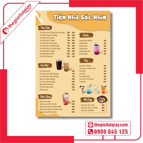 Mẫu menu quán trà sữa Tiệm Nhà Sóc Nhím phong cách dễ thương cho học sinh