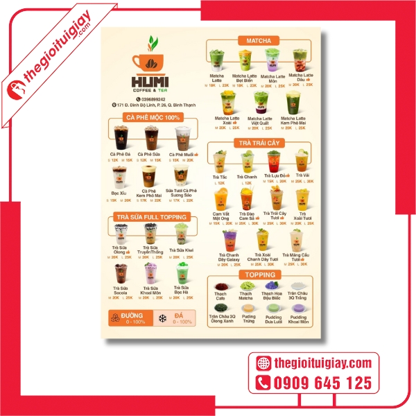 Mẫu menu quán trà sữa Humi đẹp, hiện đại, dễ tùy chỉnh