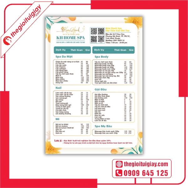  Mẫu menu spa KH Home Spa phong cách hiện đại, thu hút khách hàng 