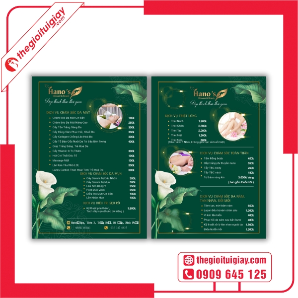 Mẫu menu spa có hình hoa sen và đá massage tự nhiên