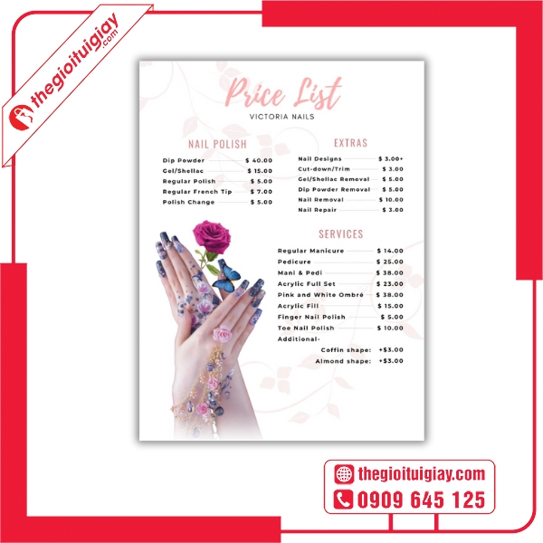 Mẫu menu tiệm nail có hình bàn tay và móng nghệ thuật