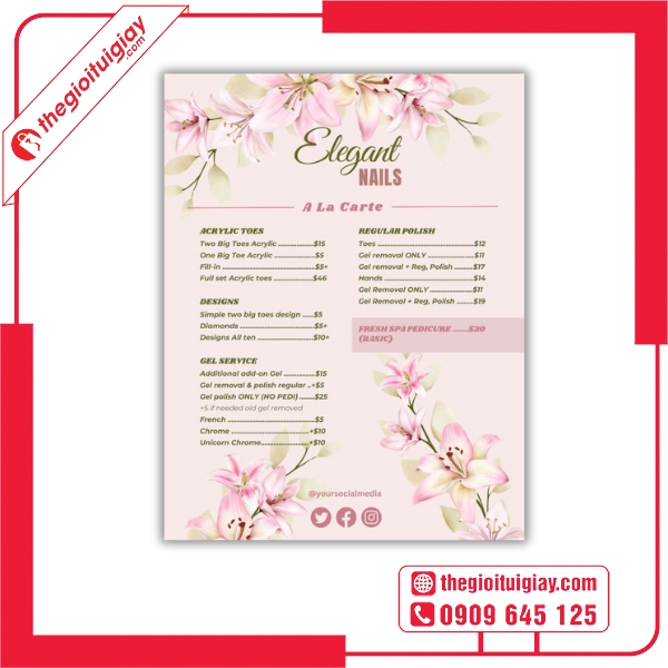  Mẫu menu tiệm nail với họa tiết hoa lá tinh tế 