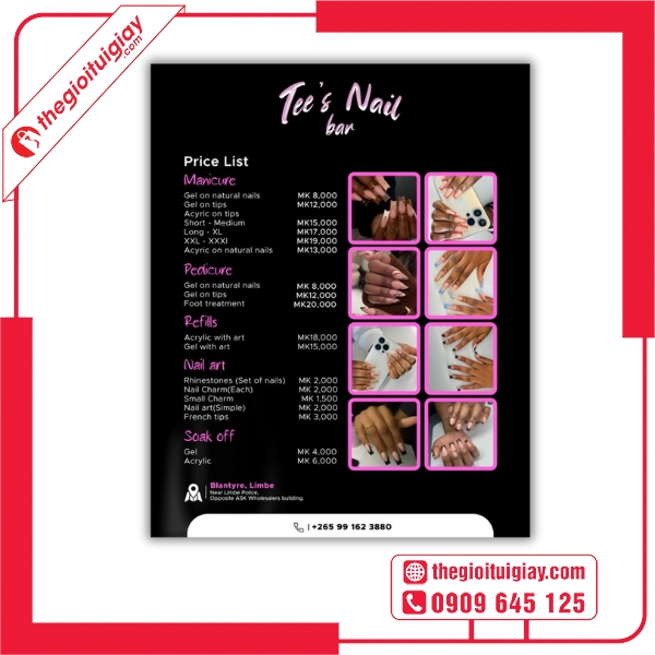 Mẫu menu tiệm nail với hình ảnh móng tay nghệ thuật