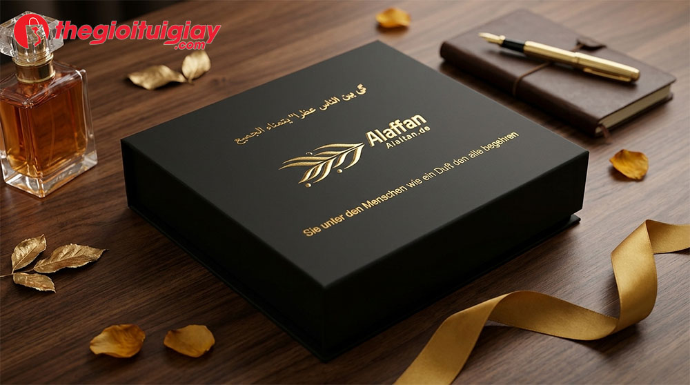 ép kim bao bì kết hợp dập nổi logo sang trọng trên nền hộp giấy