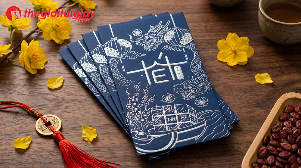 Mẫu bao l&igrave; x&igrave; truyền thống kết hợp đương đại &eacute;p nhũ bạc tr&ecirc;n nền xanh navy