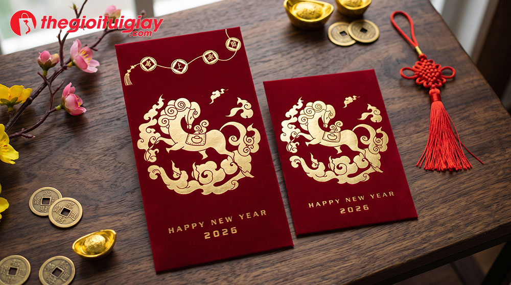 mẫu bao l&igrave; x&igrave; giấy nhung k&iacute;ch thước 8 x 16 cm v&agrave; 8 x 11.5 cm đang nằm tr&ecirc;n b&agrave;n gỗ k&egrave;m phụ kiện tết