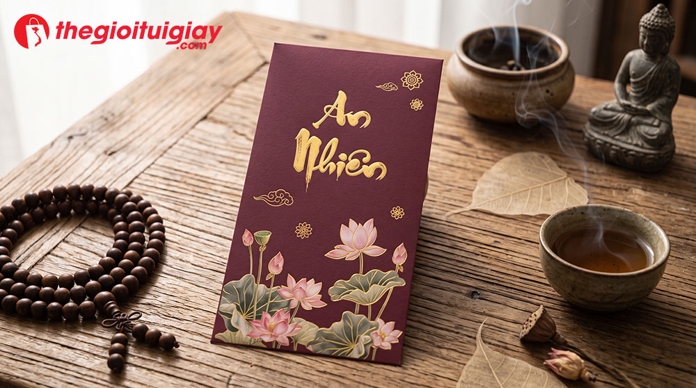 Bao l&igrave; x&igrave; chữ thư ph&aacute;p &eacute;p kim nhũ v&agrave;ng sang trọng