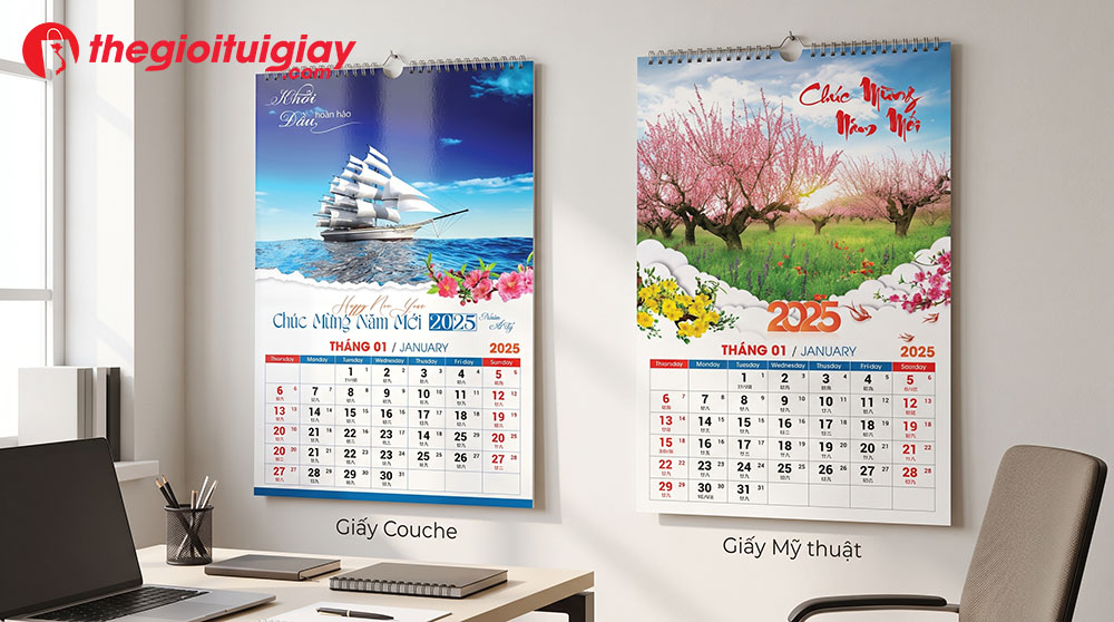 So s&aacute;nh chất liệu giấy Couche v&agrave; giấy mỹ thuật khi in lịch treo tường