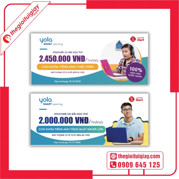 Mẫu voucher học tiếng Anh tông màu trắng tinh khiết, tạo cảm giác chuyên nghiệp - Yala Smart